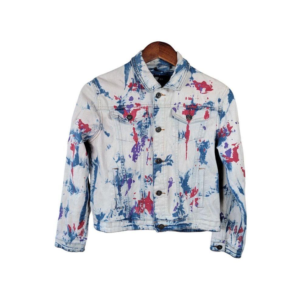 Waimea Distressed Denim Jean Red Paint Splatter Acid Wash Jacket Youth Size‎ L